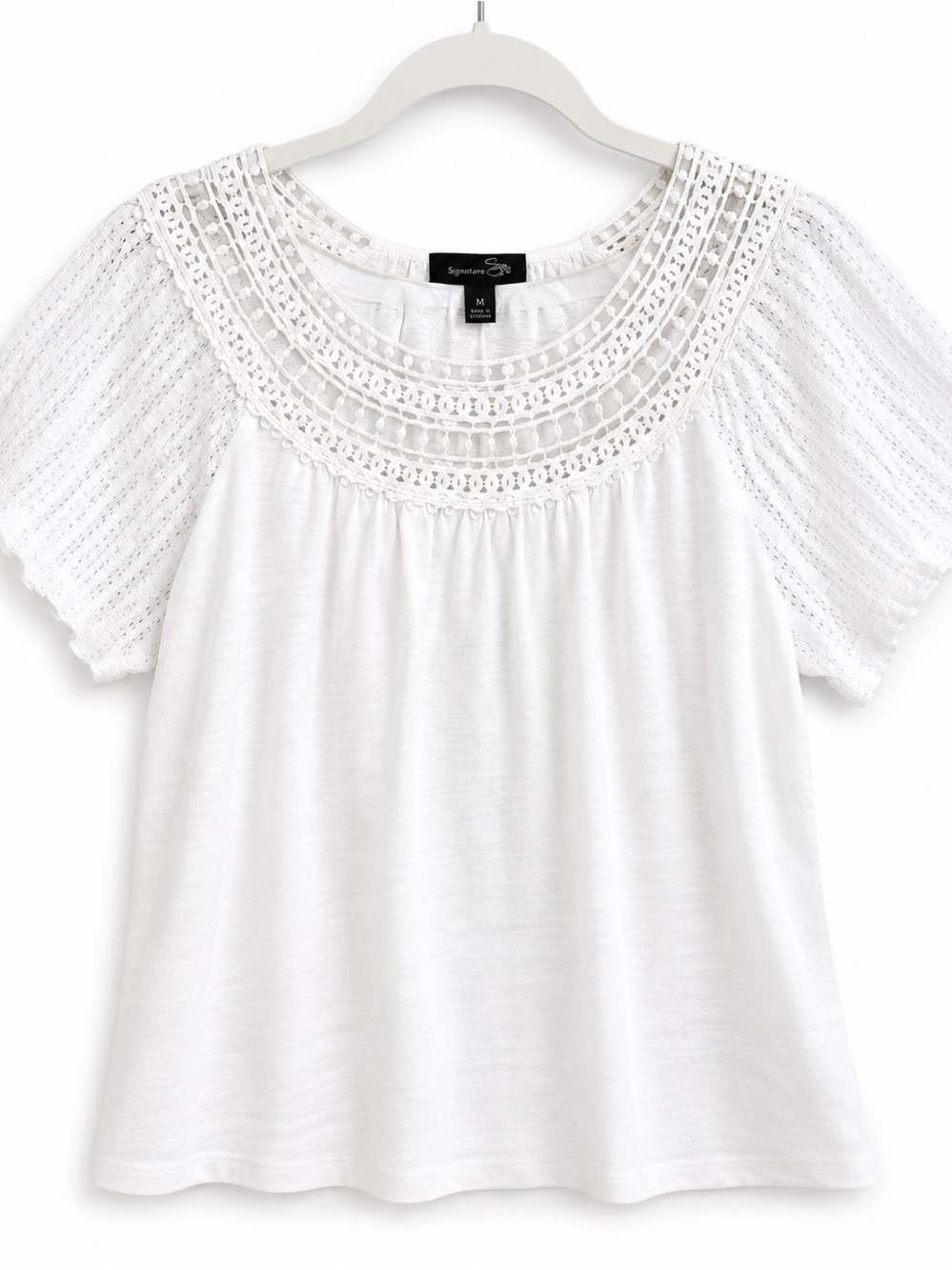 NWT! Suzanne Betro White Crochet Yoke Cotton Short Sleeve Top Tshirt